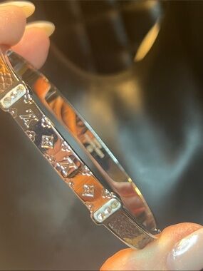 Silver Monogram Crystal Accent Bangle Bracelet